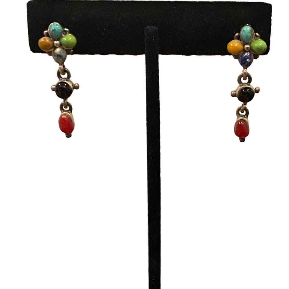 925 Sterling Silver and Multi-Stone Dangle Post-Style Earrings